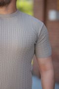 Erkek Bisiklet Yaka örgü Desenli Kısa örme Triko Kısa Kollu T-shirt resmi